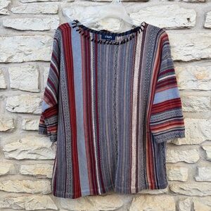 Chaps Red and Blue Striped Sweater Top Knit 3/4 Sleeve 1X Cotton Blend